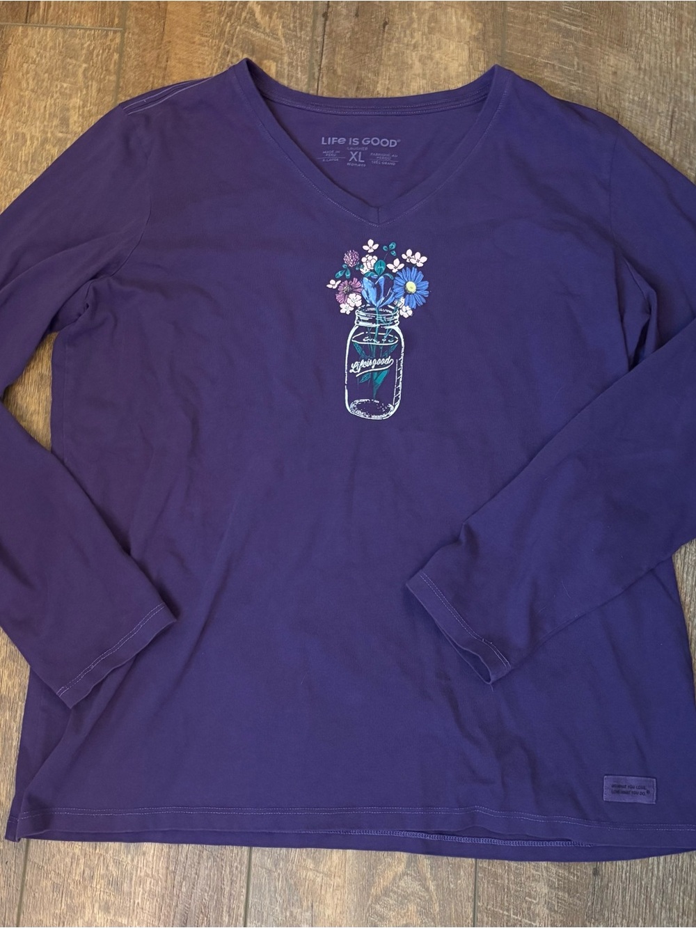 Life Is Good Purple Long Sleeve V‑Neck Tee with Mason Jar Floral